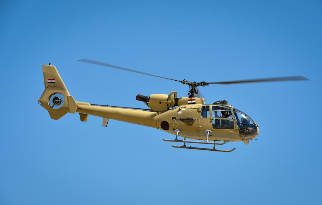An Egyptian Aérospatiale Gazelle helicopter participates in a field training exercise during Bright Star 2017, Sept. 16, 2017, at Mohamed Naguib Military Base, Egypt. More than 200 U.S. service members are participating alongside the Egyptian armed forces for the bilateral U.S. Central Command Exercise Bright Star 2017, Sept. 10 - 20, 2017 at Mohamed Naguib Military Base, Egypt. (U.S. Air Force photo by Staff Sgt. Michael Battles)