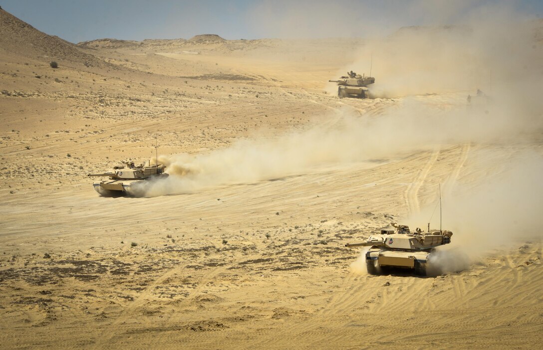 Egyptians M1A1 Abrams participate in a field training exercise during Bright Star 2017, Sept. 16, 2017, at Mohamed Naguib Military Base, Egypt. More than 200 U.S. service members are participating alongside the Egyptian armed forces for the bilateral U.S. Central Command Exercise Bright Star 2017, Sept. 10 - 20, 2017 at Mohamed Naguib Military Base, Egypt. (U.S. Air Force photo by Staff Sgt. Michael Battles)