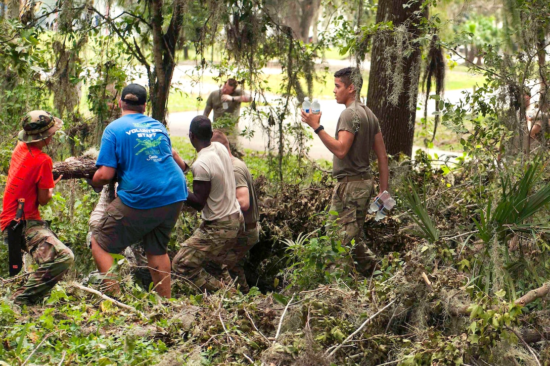 Soldiers clean up tree branches in the wake of Hurricane Irma.