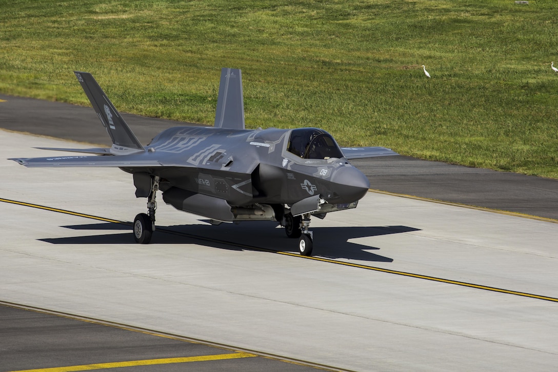 A U.S. Marine Corps F-35B Lightning II aircraft with Marine Fighter Attack Squadron (VMFA) 121 departs Marine Corps Air Station Iwakuni, Japan, Sept. 18, 2017. The F-35B Lightning II aircraft joined United States Air Force, Japan and Republic of Korea Air Force aircraft in a sequenced bilateral show of force over the Korean peninsula. This show-of-force mission demonstrated sequenced bilateral cooperation, which is essential to defending U.S. allies, partners and the U.S. homeland against any regional threat.