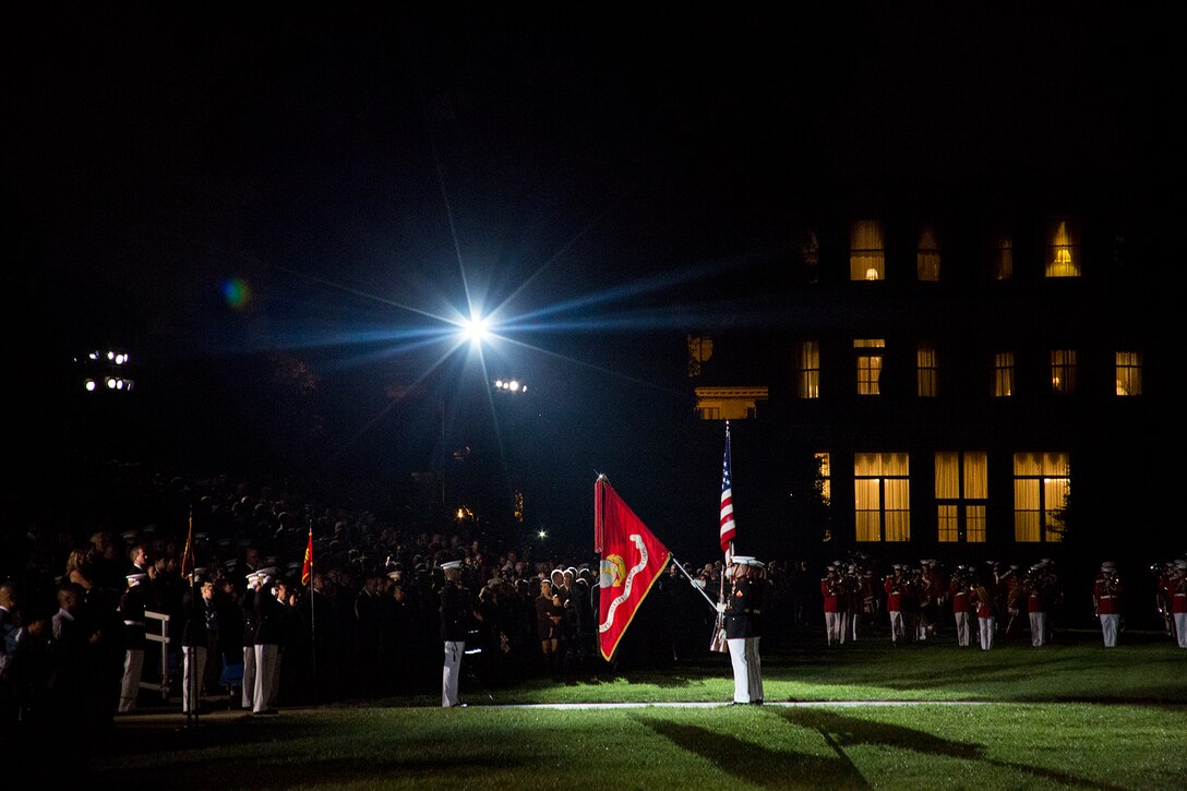 Marines of Marine Barracks Washington D.C. execute their final parade of the 2017 parade season at the Barracks, Aug. 25, 2017. The guests of honor for the parade were the Ambassador of Japan to the U.S., His Excellency Kenichiro Sasae, the Deputy Chief of Mission of the Embassy of the Republic of Korea, Mr. Woongsoon Lim, and the Ambassador of Australia to the U.S., His Excellency Joe Hockey. The hosting official for the parade was the Commandant of the U.S. Marine Corps, Gen. Robert B. Neller. (Official U.S. Marine Corps photo by Cpl. Robert Knapp/Released)