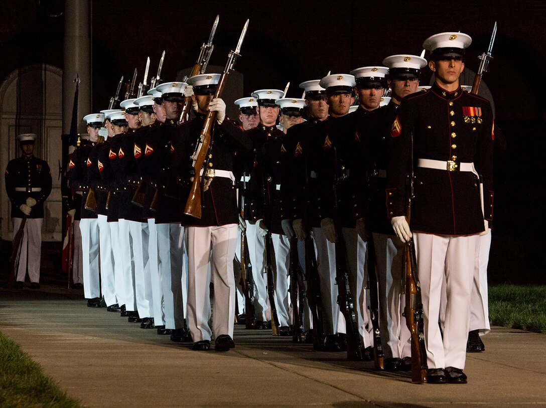 Marines of Marine Barracks Washington D.C. execute their final parade of the 2017 parade season at the Barracks, Aug. 25, 2017. The guests of honor for the parade were the Ambassador of Japan to the U.S., His Excellency Kenichiro Sasae, the Deputy Chief of Mission of the Embassy of the Republic of Korea, Mr. Woongsoon Lim, and the Ambassador of Australia to the U.S., His Excellency Joe Hockey. The hosting official for the parade was the Commandant of the U.S. Marine Corps, Gen. Robert B. Neller. (Official U.S. Marine Corps photo by Cpl. Robert Knapp/Released)