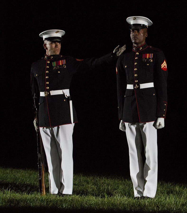 Marines of Marine Barracks Washington D.C. execute their final parade of the 2017 parade season at the Barracks, Aug. 25, 2017. The guests of honor for the parade were the Ambassador of Japan to the U.S., His Excellency Kenichiro Sasae, the Deputy Chief of Mission of the Embassy of the Republic of Korea, Mr. Woongsoon Lim, and the Ambassador of Australia to the U.S., His Excellency Joe Hockey. The hosting official for the parade was the Commandant of the U.S. Marine Corps, Gen. Robert B. Neller. (Official U.S. Marine Corps photo by Cpl. Robert Knapp/Released)