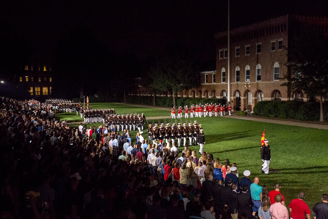 Marines of Marine Barracks Washington D.C. execute their final parade of the 2017 parade season at the Barracks, Aug. 25, 2017. The guests of honor for the parade were the Ambassador of Japan to the U.S., His Excellency Kenichiro Sasae, the Deputy Chief of Mission of the Embassy of the Republic of Korea, Mr. Woongsoon Lim, and the Ambassador of Australia to the U.S., His Excellency Joe Hockey. The hosting official for the parade was the Commandant of the U.S. Marine Corps, Gen. Robert B. Neller. (Official U.S. Marine Corps photo by Cpl. Robert Knapp/Released)