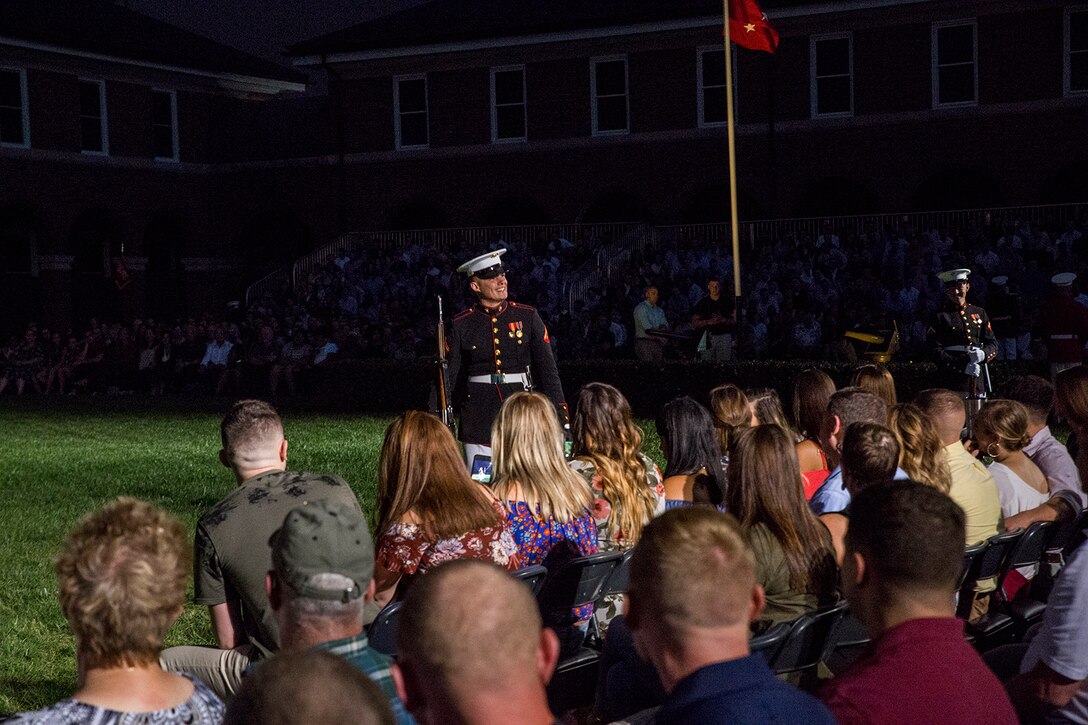 Marines of Marine Barracks Washington D.C. execute their final parade of the 2017 parade season at the Barracks, Aug. 25, 2017. The guests of honor for the parade were the Ambassador of Japan to the U.S., His Excellency Kenichiro Sasae, the Deputy Chief of Mission of the Embassy of the Republic of Korea, Mr. Woongsoon Lim, and the Ambassador of Australia to the U.S., His Excellency Joe Hockey. The hosting official for the parade was the Commandant of the U.S. Marine Corps, Gen. Robert B. Neller. (Official U.S. Marine Corps photo by Cpl. Robert Knapp/Released)