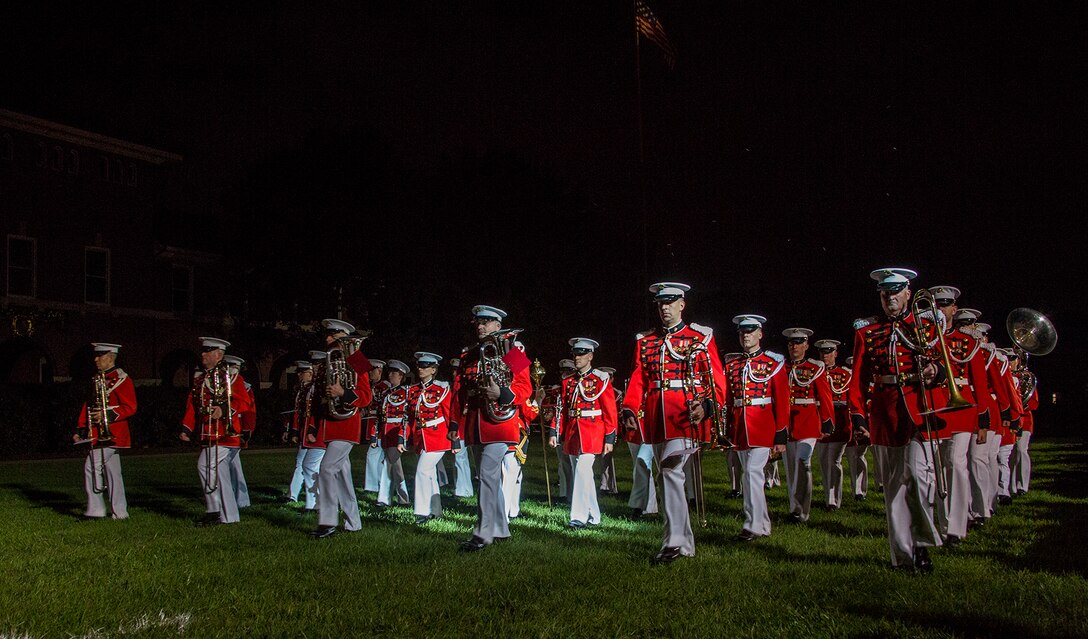 Marines of Marine Barracks Washington D.C. execute their final parade of the 2017 parade season at the Barracks, Aug. 25, 2017. The guests of honor for the parade were the Ambassador of Japan to the U.S., His Excellency Kenichiro Sasae, the Deputy Chief of Mission of the Embassy of the Republic of Korea, Mr. Woongsoon Lim, and the Ambassador of Australia to the U.S., His Excellency Joe Hockey. The hosting official for the parade was the Commandant of the U.S. Marine Corps, Gen. Robert B. Neller. (Official U.S. Marine Corps photo by Cpl. Robert Knapp/Released)