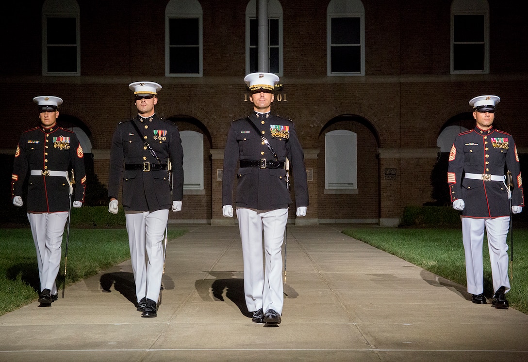 Marines of Marine Barracks Washington D.C. execute their final parade of the 2017 parade season at the Barracks, Aug. 25, 2017. The guests of honor for the parade were the Ambassador of Japan to the U.S., His Excellency Kenichiro Sasae, the Deputy Chief of Mission of the Embassy of the Republic of Korea, Mr. Woongsoon Lim, and the Ambassador of Australia to the U.S., His Excellency Joe Hockey. The hosting official for the parade was the Commandant of the U.S. Marine Corps, Gen. Robert B. Neller. (Official U.S. Marine Corps photo by Cpl. Robert Knapp/Released)