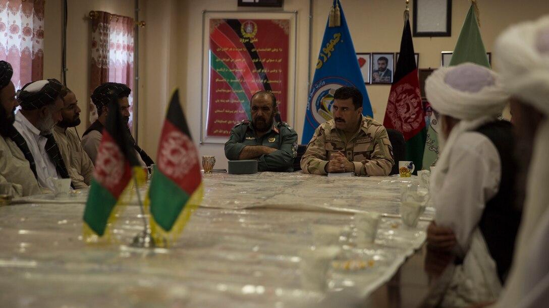 Brig. Gen. Daud Ghulam Tarakhel, the commanding general of the 505th Zone National Police, holds a shura with tribal elders from Helmand Province at Bost Airfield, Afghanistan, Sept. 13, 2017. Brig. Gen. Tarakhel held the shura to collect statements of alleged corruption issues within a district in Helmand, and passed the statements to a counter-corruption team at the Police Provincial Headquarters in Lashkar Gah for further investigation. (U.S. Marine Corps photo by Sgt. Justin T. Updegraff)