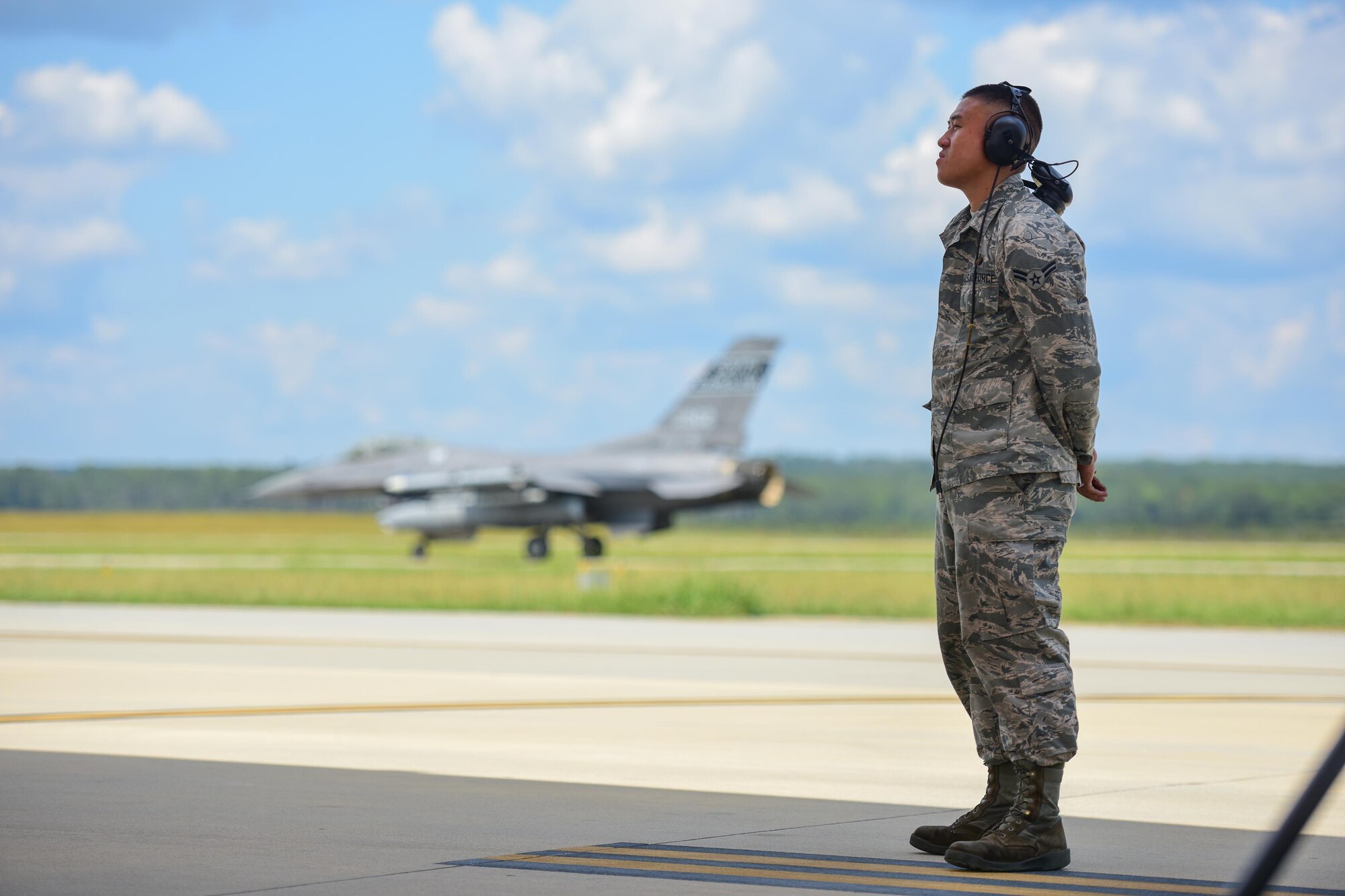 U.S. Airman 1st Class Luke Ikeda, a crew chief assigned to the 169th Aircraft Maintenance Squadron, pre-flights an F-16 Fighting Falcon fighter jet assigned to the South Carolina Air National Guard’s 169th Fighter Wing at McEntire Joint National Guard Base, S.C., Sept. 16, 2017. Ikdea was recognized as an outstanding Airman by his supervisors and his peers and was the Airman Spotlight subject for the month of October. (U.S. Air National Guard photo by Senior Airman Megan Floyd)