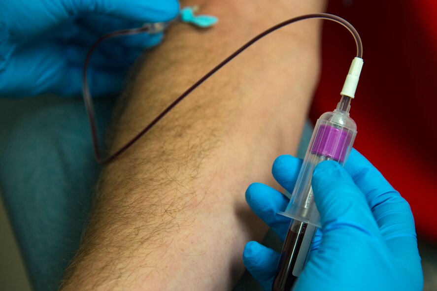 Staff Sgt. Brittany Marin, 23d Medical Support Squadron medical laboratory technician, draws blood from a patient, Aug. 18, 2017, at Moody Air Force Base, Ga. Moody’s lab technicians process blood to check for a variety of cell abnormalities from infections to cancer. (U.S. Air Force photo by Airman 1st Class Erick Requadt)