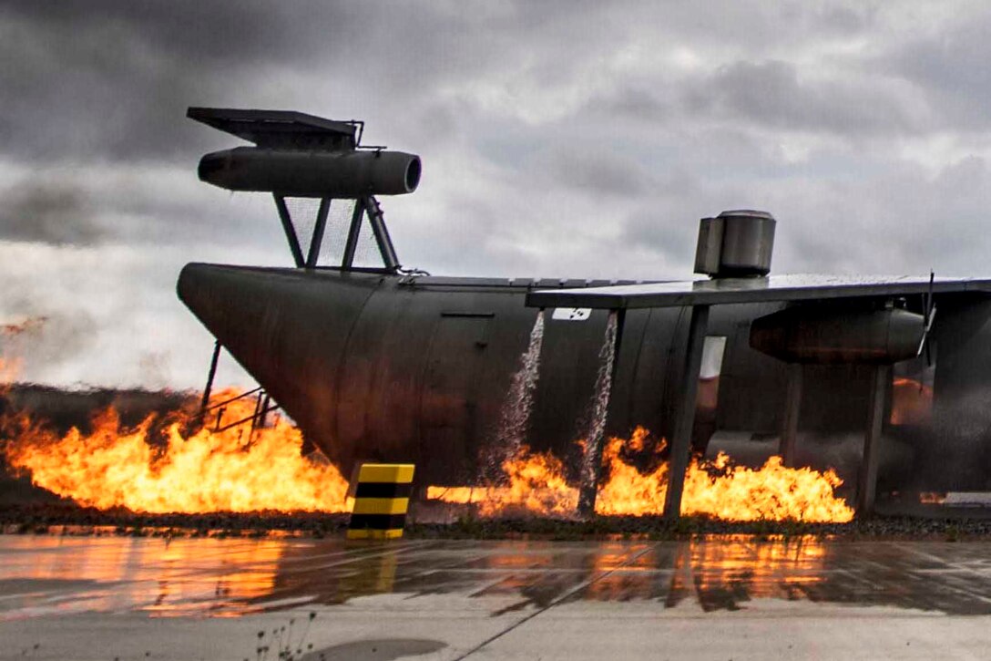 A fire burns during a training.