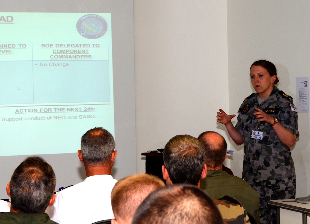 An Australian officer updates the Exercise Equateur 2017 command group at the daily command update briefing in the French territory of New Caledonia, Sept. 15, 2017. Exercise Equateur 2017 simulated a national disaster, enabling countries from the Pacific region to work together and provide both security and humanitarian aid to affected people. Army photo by Staff Sgt. David J. Overson