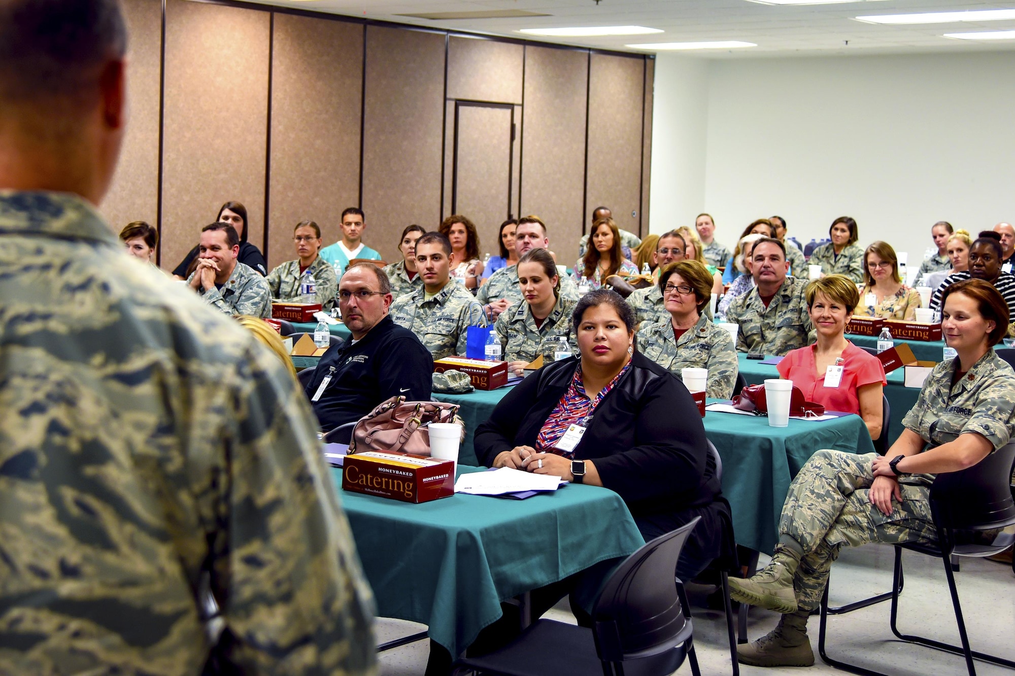 Col. George Vietas, 23d Medical Group commander speaks to military and community health care providers during a provider collaboration, Sept. 15, 2017, at Moody Air Force Base, Ga. The 23d Medical Group held this to allow base and community providers an opportunity to meet face-to-face to better understand the Airmen they are taking care of and provide feedback to help both sides improve.  (U.S. Air Force photo by Airman Eugene Oliver)
