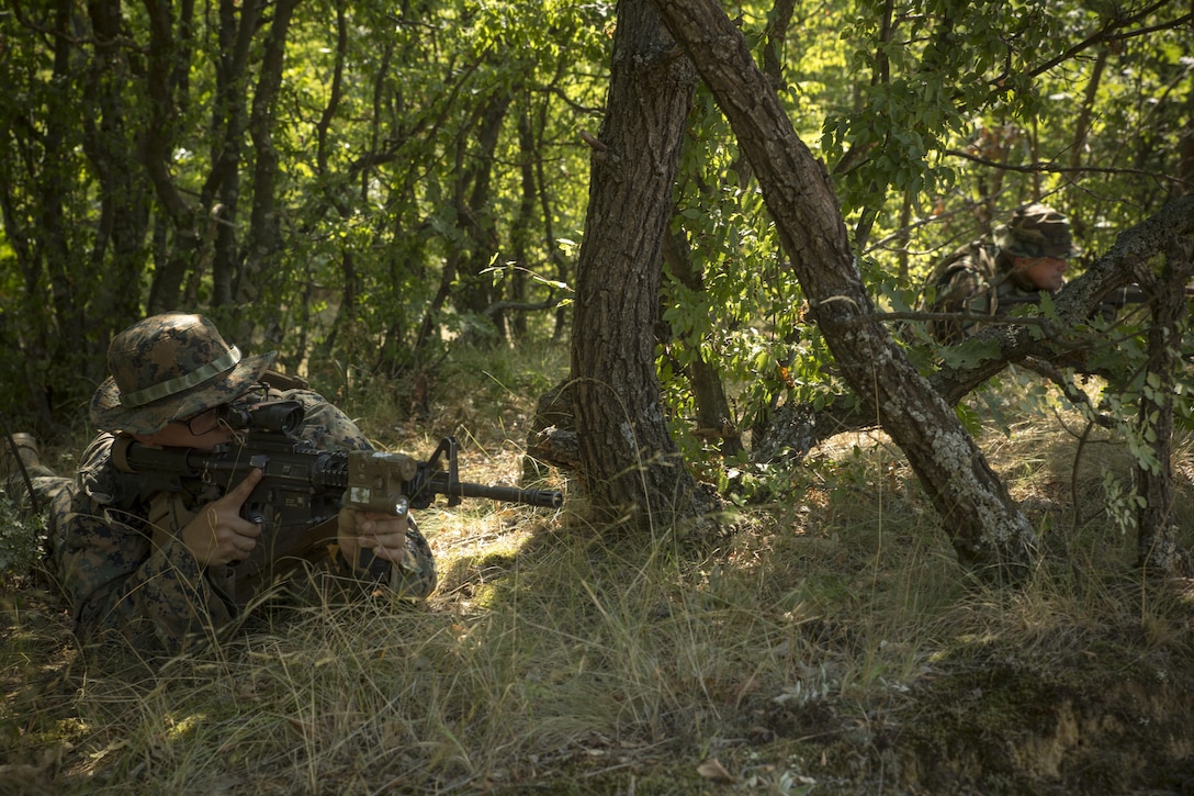 A U.S. Marine with Black Sea Rotational Force 17.1 and a Moldovan soldier execute a hasty ambush during a patrolling exercise at Novo Selo Training Area in Bulgaria, Aug. 6, 2017. The event was part of Exercise Platinum Lion 17.2, an exercise designed to build interoperability between NATO allies and partner nations. Marine Corps photo by Cpl. Victoria Ross