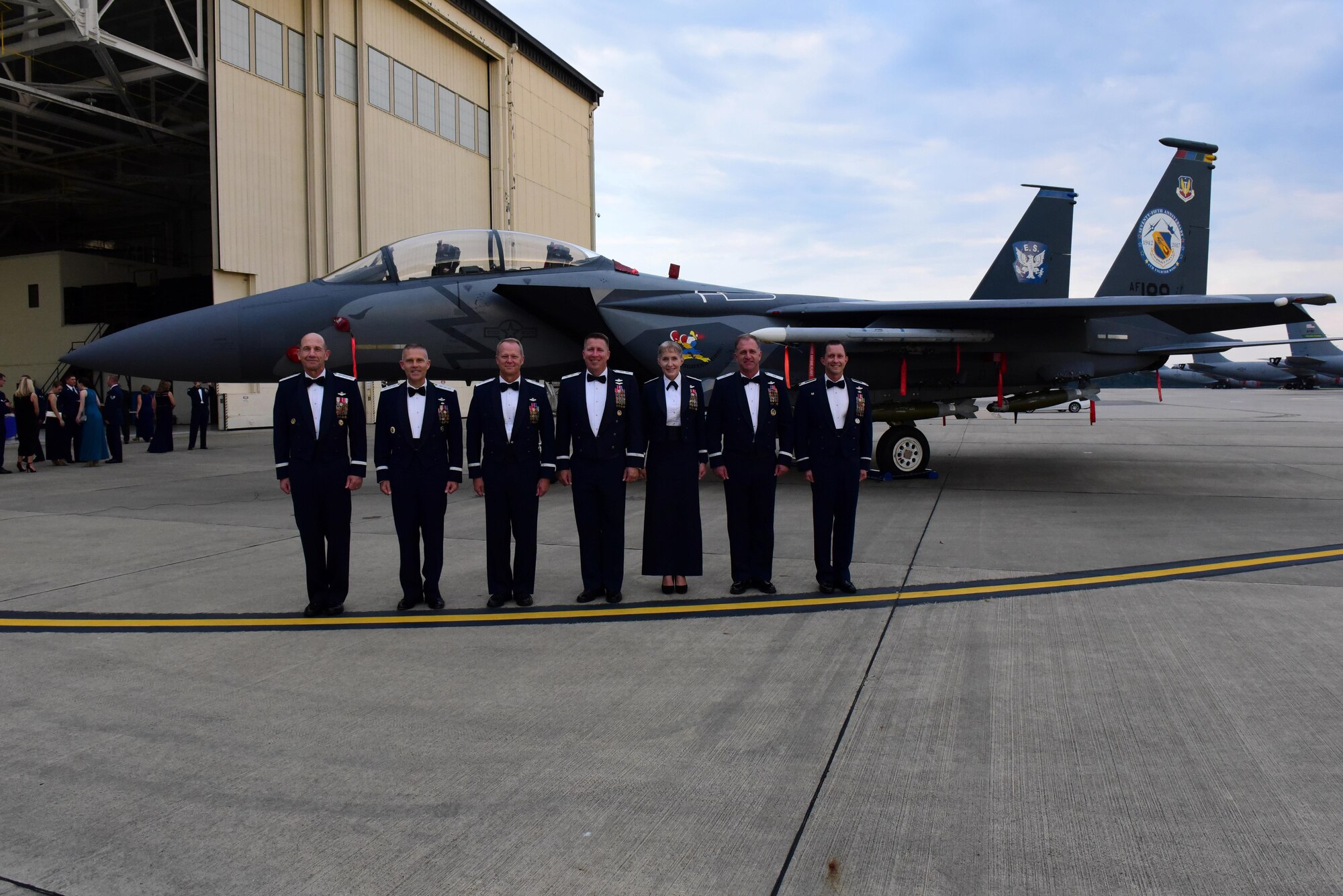 Previous 4th Fighter Wing commanders joined Col. Christopher Sage, current 4 FW commander, and Gen. Mike Holmes, commander of Air Combat Command, for the 75th Anniversary Gala, Sept. 16, 2017, at Seymour Johnson Air Force Base, North Carolina. The 4 FW traces its roots to the Royal Air Force during World War II and was transferred to the U.S. Army Air Forces on Sept. 12, 1942. (U.S. Air Force photo by Airman 1st Class Victoria Boyton)
