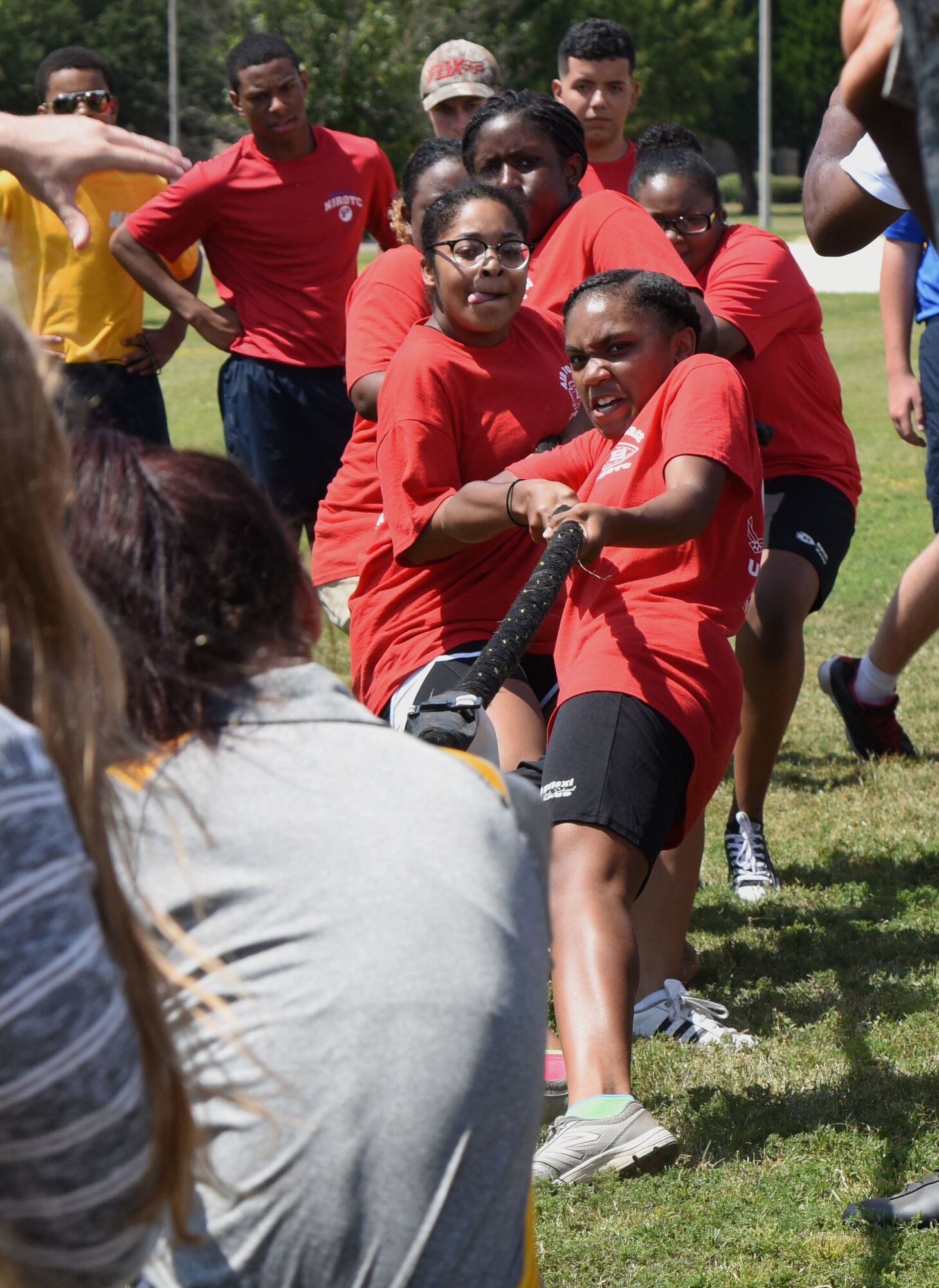 Biloxi High School Junior ROTC cadets compete in the tug-of-war competition at the Science, Technology, Engineering and Mathematics Diversity Outreach Day Sept. 15, 2017, on Keesler Air Force Base, Mississippi. The event consisted of 10 Mississippi gulf coast high school Junior ROTC units viewing an 81st Security Forces Squadron military working dog demonstration and receiving information about Air Force opportunities and accession requirements with an emphasis on STEM. They also competed in several team building activities. (U.S. Air Force photo by Kemberly Groue)