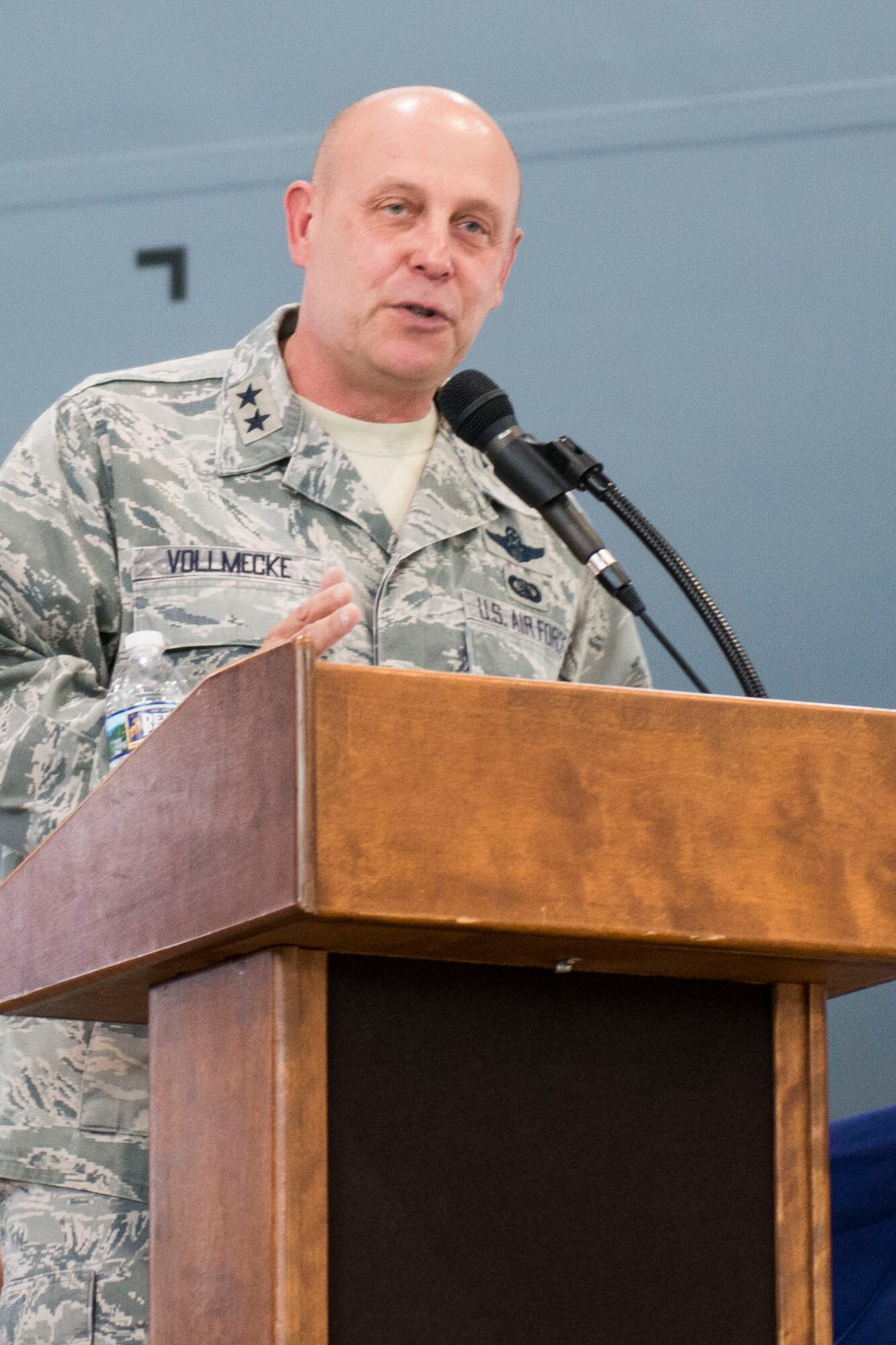 Maj. Gen. Eric Vollmecke speaks during his retirement ceremony held at the 167th Airlift Wing, Martinsburg, W.Va., Sept. 16.