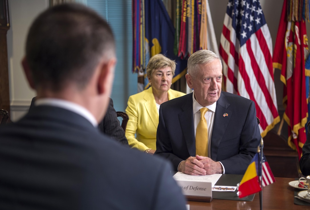 Defense Secretary Jim Mattis sits at a table with the Romanian defense secretary.