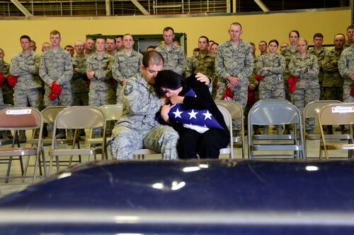 Members of the 219th RED HORSE Squadron watch as Airmen playing the role of the parents of an Airman killed by a drunk driver cry during a simulated funeral at Malmstrom Air Force Base, Aug. 12, 2017.
