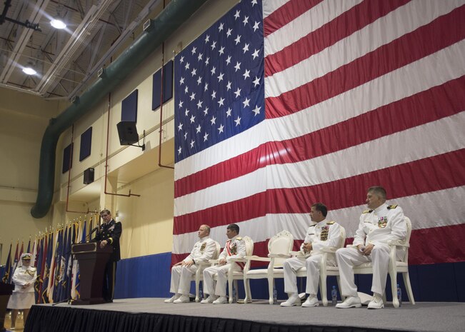 Gen. Joseph L. Votel, commander of U.S. Central Command, speaks at the Naval Forces Central Command (NAVCENT)/U.S. 5th Fleet/Combined Maritime Forces change of command ceremony.