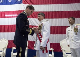 Gen. Joseph L. Votel, commander of U.S. Central Command, speaks at the Naval Forces Central Command (NAVCENT)/U.S. 5th Fleet/Combined Maritime Forces change of command ceremony.