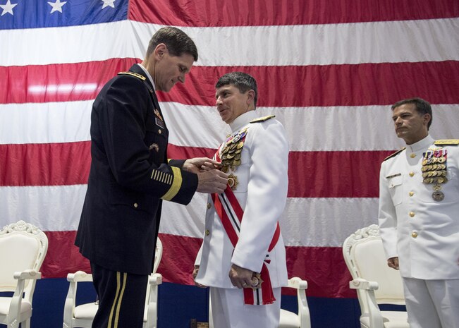 Gen. Joseph L. Votel, commander of U.S. Central Command, speaks at the Naval Forces Central Command (NAVCENT)/U.S. 5th Fleet/Combined Maritime Forces change of command ceremony.