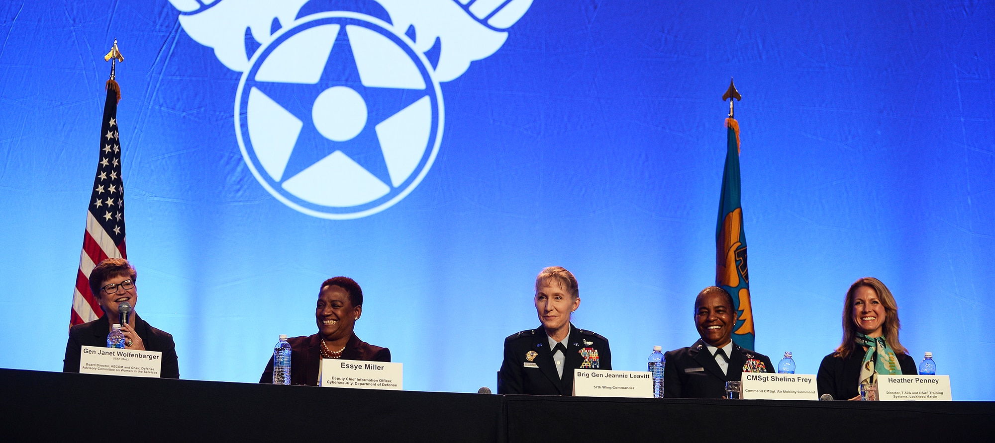 Individuals speak during the Breaking the Gender Barrier panel at the Air Space, Cyber Conference in National Harbor, Md., Sept. 19, 2017. (U.S. Air Force photo/Staff Sgt. Chad Trujillo)