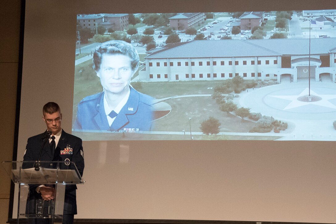 The Air Force Ball addresses the topic of breaking barriers and paid tribute to U.S. Air Force retired Maj. Gen. Norma Brown, prior base commander, at the McNease Convention Center in San Angelo, Texas, Sept. 15, 2017. In honor of her service, the Goodfellow headquarters building was named after her.(U.S. Air Force photo by Airman Zachary Chapman/Released)