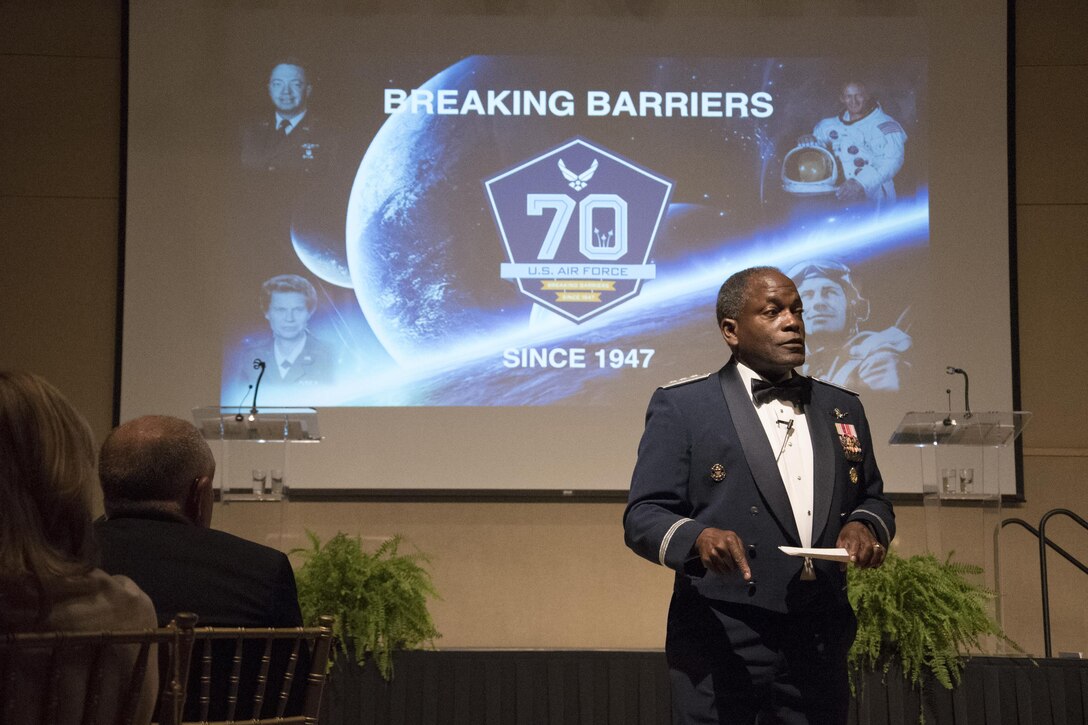 U.S. Air Force retired Lt. Gen. Ronnie Hawkins Jr. attends the Air Force Ball as the guest speaker at the McNease Convention Center in San Angelo, Texas, Sept. 15, 2017. Hawkins spoke about his desire to have the Air Force traditions and culture honored in future generations. (U.S. Air Force photos by Airman Zachary Chapman/Released)