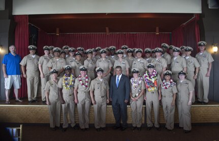 CAMP H.M. SMITH, Hawaii (Sept. 15, 2017)—Master Chief Petty Officer of the Navy (retired) Joe Campa, center, poses with Chief Petty Officer’s (CPO) from U.S. Pacific Command (PACOM), Special Operations Command-Pacific, PACOM Defense Intelligence Agency Detachment and PACOM Joint Intelligence Operations Command at the fiscal year 2018 CPO pinning ceremony. Five chief selects were frocked to the rank of chief petty officer during the ceremony.  (U.S. Navy photo by Mass Communication Specialist 2nd Class James Mullen/Released)