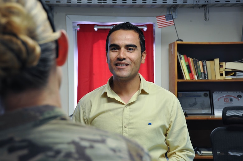 Ahmad Baktash, U.S. Army Corps of Engineers’ Transatlantic Afghanistan Lead Local National Engineer, at the Marmal Resident Office at Camp Marmal, Baktash shares his extensive experience working with USACE TAA with TAA District Commander U.S. Army Col. Kimberly Colloton at Camp Marmal, Sept. 19.