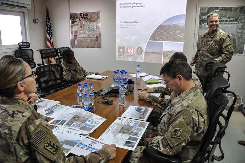 U.S. Army Corps of Engineers’ Transatlantic Afghanistan Marmal Resident Office OIC U.S. Army Capt. Daniel Strasser briefs the USACE TAA District Command Team at Camp Marmal, Sept. 19.