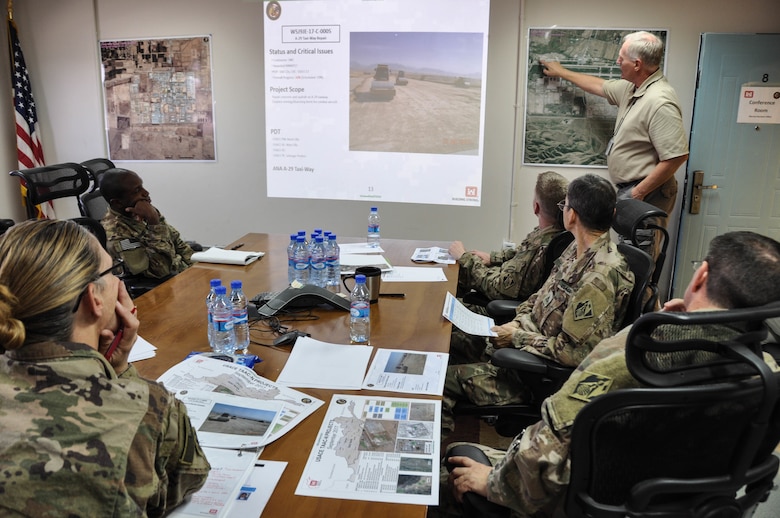 Marmal Resident Office Construction Representative Art Kunigel briefs the USACE TAA District Command Team at Camp Marmal, Sept. 19.