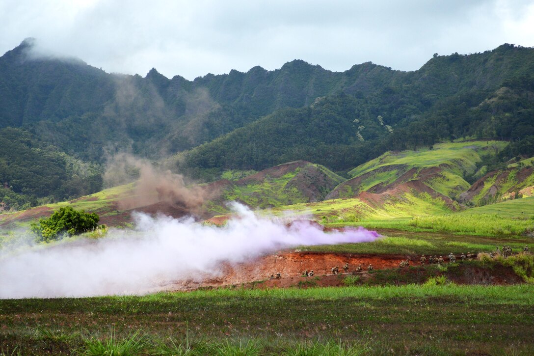 Soldiers move under the cover of smoke during a live-fire exercise.