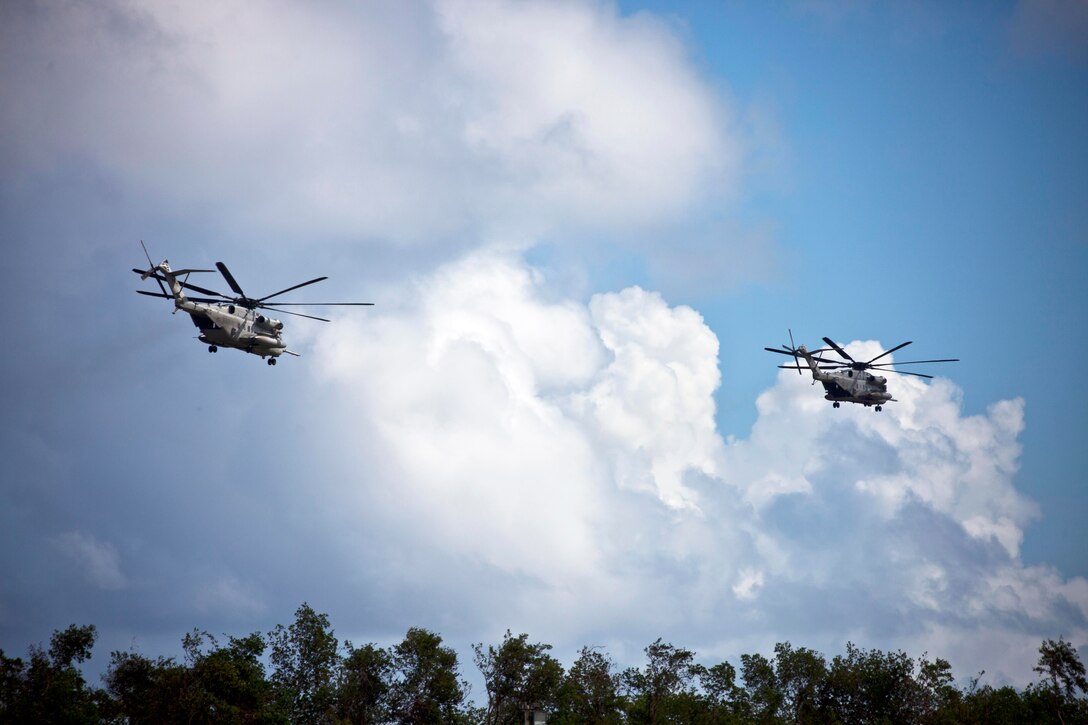 Two helicopters fly above a tree line.