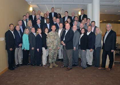 U.S. Army Maj. Gen. Daniel Karbler (front row, center left), U.S. Strategic Command (USSTRATCOM) chief of staff, hosts members of APEX 45 during their visit to Offutt Air Force Base, Neb., Sept. 20, 2017. APEX is a Department of Defense (DOD) Senior Executive Service orientation program that provides a practical and theoretical understanding of the structure and processes of the Office of the Secretary of Defense; the combatant commands, including USSTRATCOM; the joint staff; and the military departments. The program also helps civilian leaders gain an enterprise-wide perspective that encompasses expectations, opportunities and challenges currently facing DOD. One of nine DOD unified combatant commands, USSTRATCOM has global missions assigned through the Unified Command Plan that include strategic deterrence, space operations, cyberspace operations, joint electronic warfare, global strike, missile defense and intelligence.