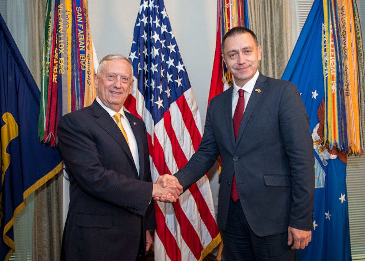 Defense Secretary Jim Mattis hosts a bilateral meeting for Romanian Minister of Defense Mihai-Viorel Fifor at the Pentagon in Washington, D.C., Sept. 19, 2017. DoD photo by Air Force Tech. Sgt. Brigitte N. Brantley