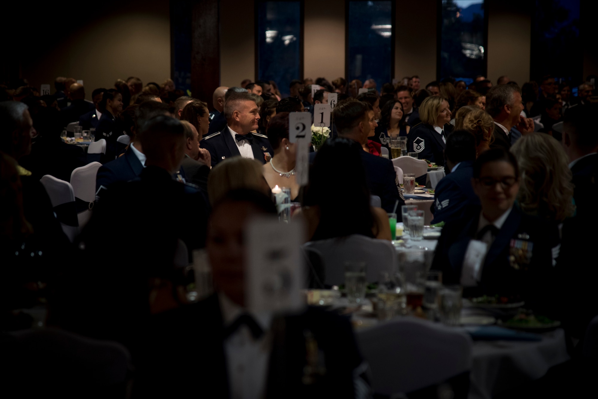 Col. Eric Dorminey, 21st Space Wing vice commander, enjoys birthday festivities among a room full of Airmen at the Air Force Ball on Peterson Air Force Base, Colorado, Sept. 15, 2017. The Air Force is celebrating its 70th birthday since its creation in 1947. (U.S. Air Force photo by Senior Airman Dennis Hoffman)