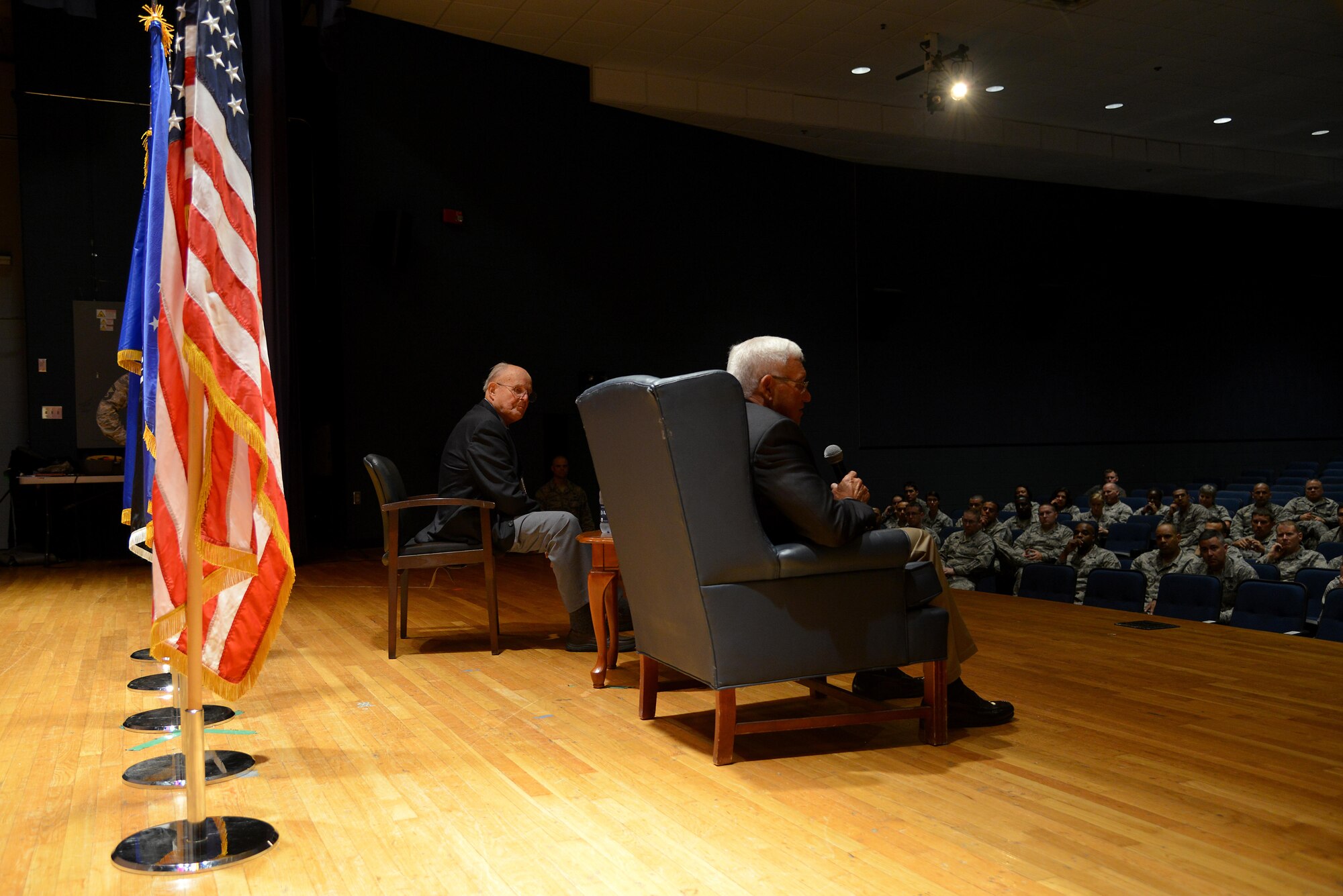 (From left) U.S. Air Force Retired Brig. Gen. Richard Abel and Retired Lt. Gen. Glen Moorhead III answer Airmen’s questions at Joint Base Langley-Eustis, Va., Sept. 14, 2017.