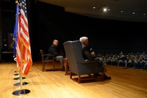 (From left) U.S. Air Force Retired Brig. Gen. Richard Abel and Retired Lt. Gen. Glen Moorhead III answer Airmen’s questions at Joint Base Langley-Eustis, Va., Sept. 14, 2017.