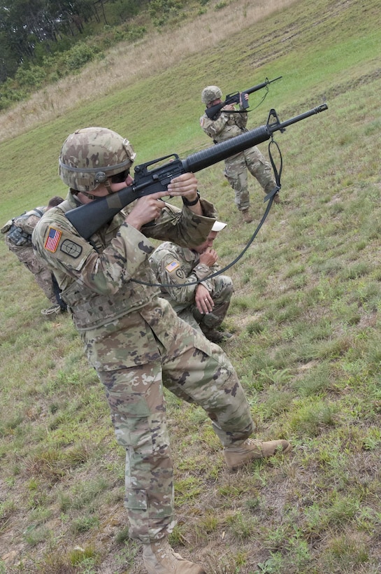 Sgt. Andrew Newlon, Winslow, Arkansas, and a combat engineer with the 688th Engineer Company (Mobility Augmentation Company), Harrison, Arkansas, competes during the M-16A2 portion of the Army Reserve Small Arms Championship.