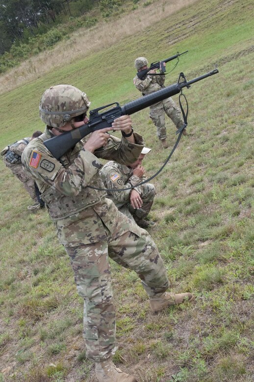Sgt. Andrew Newlon, Winslow, Arkansas, and a combat engineer with the 688th Engineer Company (Mobility Augmentation Company), Harrison, Arkansas, competes during the M-16A2 portion of the Army Reserve Small Arms Championship.