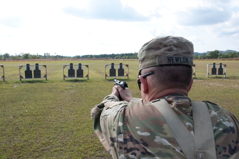 Sgt. Andrew Newlon, from Springfield, Missouri, a combat engineer with the 688th Engineer Company (Mobility Augmentation Company), Harrison, Arkansas, competes during the M-9 portion of the Army Reserve Small Arms Championship.