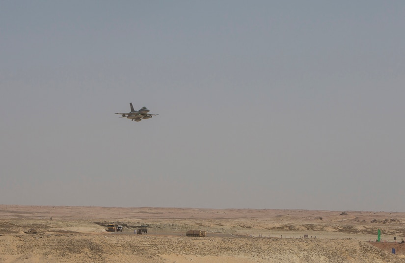 An Egyptian F-16 fighter jet flies toward a simulated battlefield during the final combined arms live fire exercise of Bright Star 2017. Bright Star is a combined command-post and field training exercise aimed at enhancing regional security and stability by responding to modern day security scenarios with the Arab Republic of Egypt. (U.S. Department of Defense photo by Tom Gagnier)