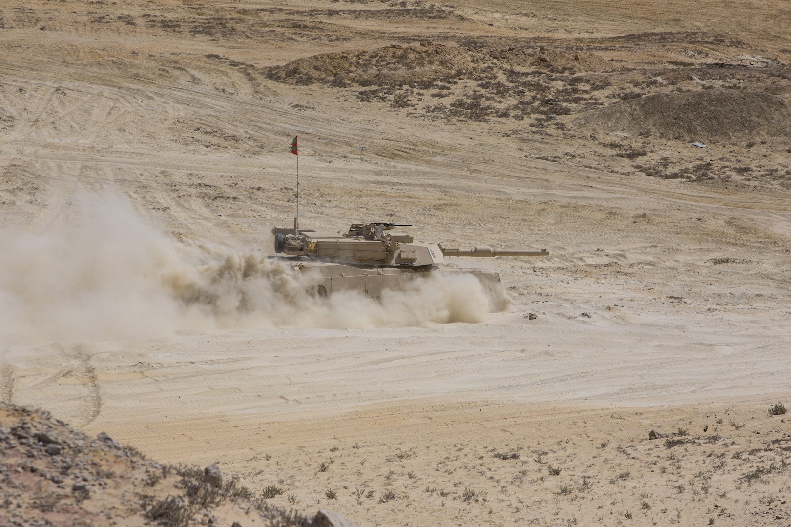 An Egyptian Army M1A1 Abrams battle tank rolls onto a simulated battlefield during the final combined arms live fire exercise of Bright Star 2017. Exercise Bright Star 2017 is a bilateral U.S. Central Command command-post exercise, field training exercise and senior leader seminar, held with the Arab Republic of Egypt. Participation strengthens military-to-military relationships between U.S. and Egyptian forces in the Central Command area of responsibility. The exercise enhances regional security and stability by responding to modern-day security scenarios. (U.S. Department of Defense photo by Tom Gagnier)