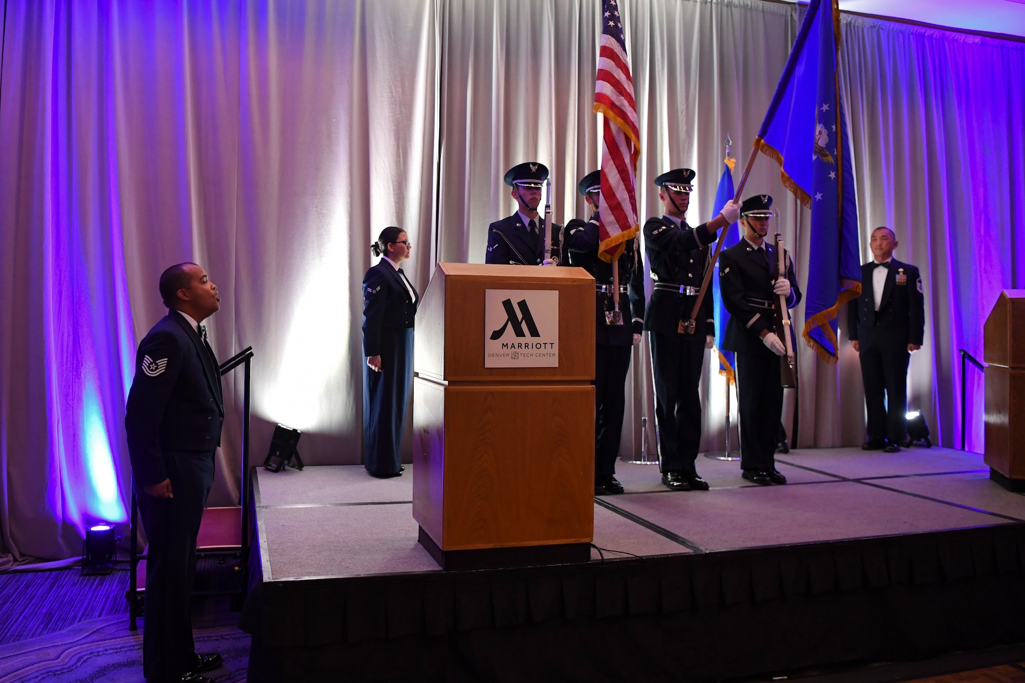 Buckley members and their spouses gathered in celebration of the 70th anniversary of the U.S. Air Force becoming its own branch of service. (U.S. Air Force photo by Airman 1st Class Holden S. Faul/ Released)