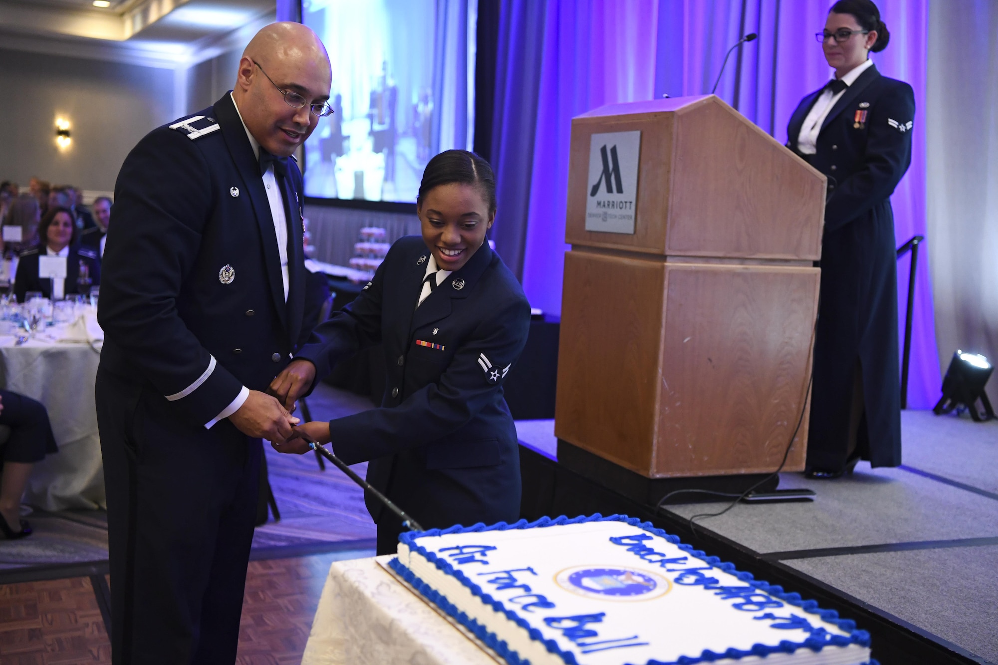 Buckley members and their spouses gathered in celebration of the 70th anniversary of the U.S. Air Force becoming its own branch of service. (U.S. Air Force photo by Airman 1st Class Holden S. Faul/ Released)