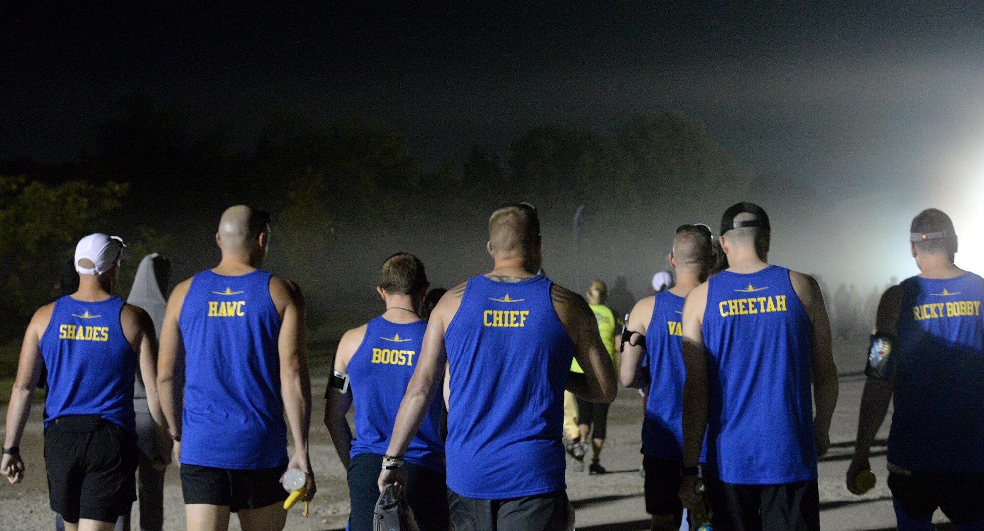 Several service members and their families from Columbus Air Force Base, Mississippi, walk toward the starting location of the Air Force Marathon Sept. 16, 2017, at Wright-Patterson AFB, Ohio. Each athlete completed the marathon in under five hours. (U.S. Air Force photo by Airman 1st Class Keith Holcomb)