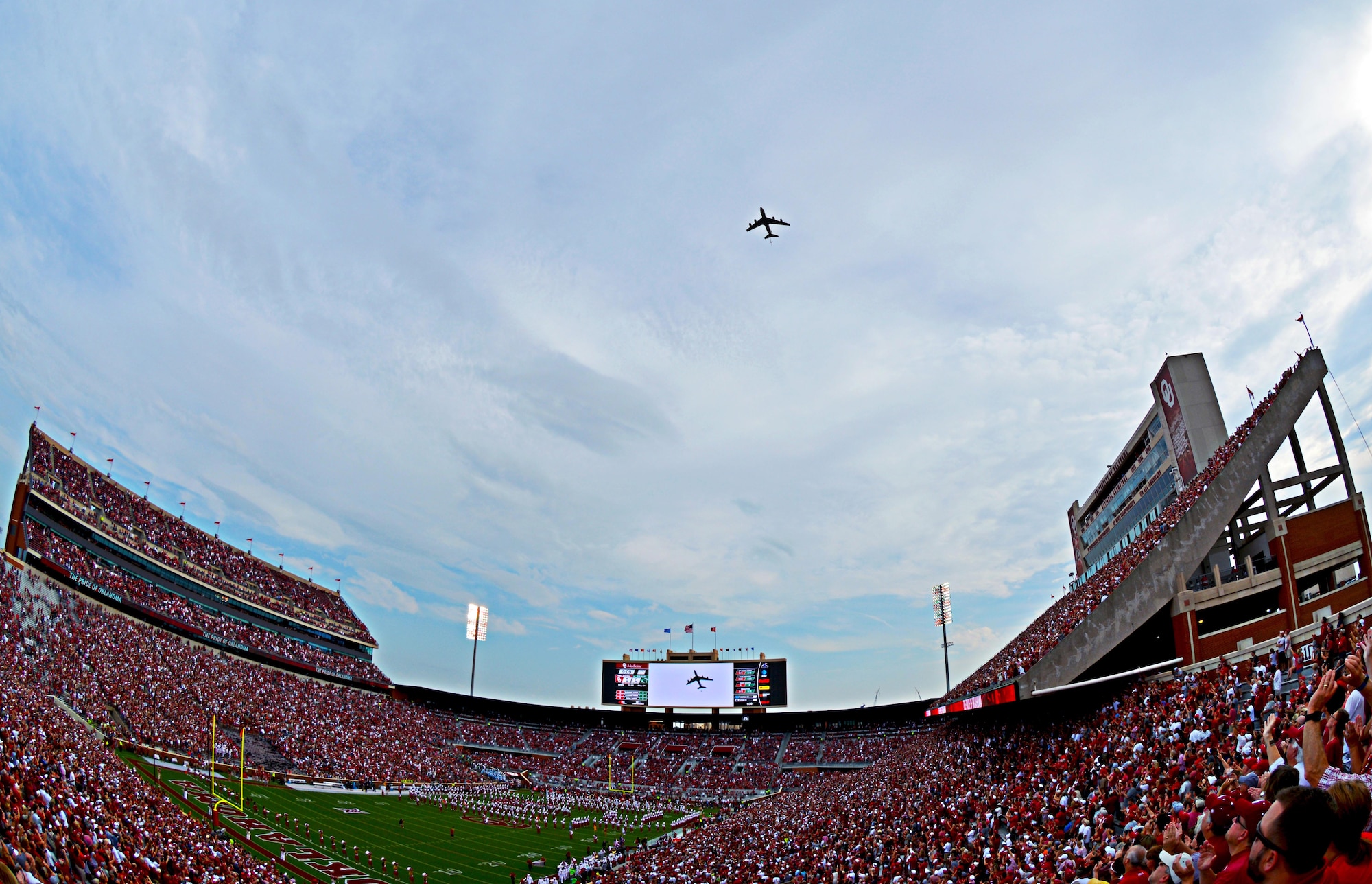 In honor of the Air Force’s 70th Anniversary, a KC-135 Stratotanker from the 507th Air Refueling Wing operating out of Tinker Air Force Base, Okla., performed a flyover Sept. 16, 2017, at a University of Oklahoma football game at the Gaylord Family Oklahoma Memorial Stadium in Norman, Okla. (U.S. Air Force photo/Master Sgt. Grady Epperly)