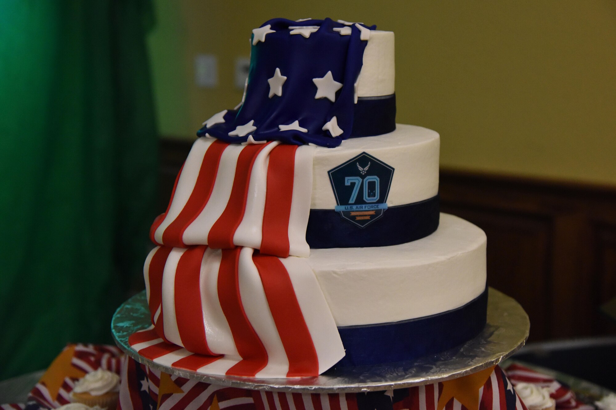 A birthday cake is on display during the U.S. Air Force 70th Birthday Ball at the Bay Breeze Event Center Sept. 16, 2017, on Keesler Air Force Base, Mississippi. The event, hosted by the 81st Training Wing and the John C. Stennis Chapter of the Air Force Association, also paid tribute to all prisoners of war and military members still missing in action. (U.S. Air Force photo by Kemberly Groue)